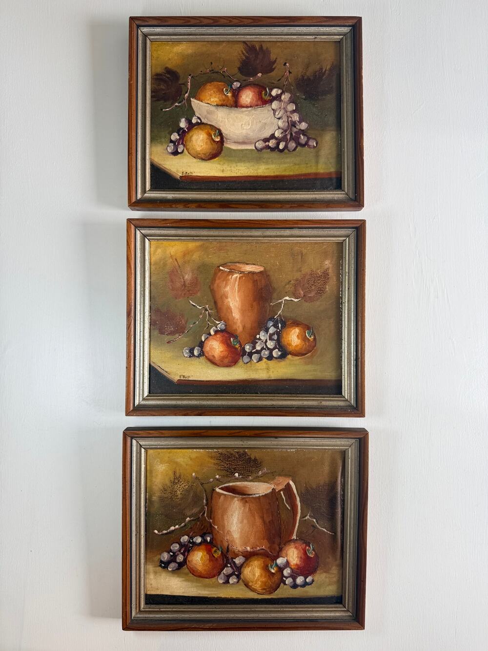 Rare Vintage Mid-Century Still Life Oil Paintings by E. Botti - Framed Triptych